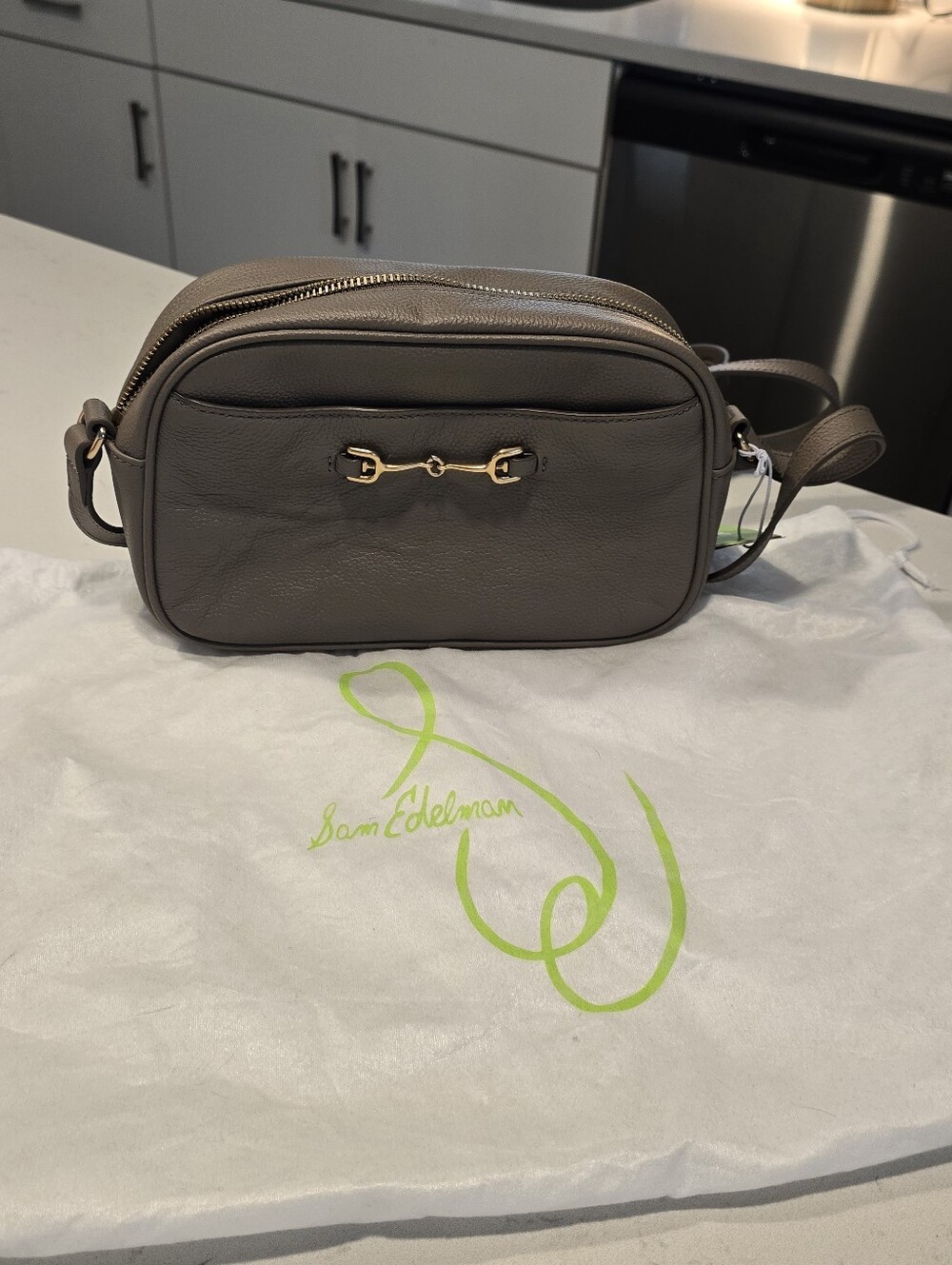 Sam Edelman Gray Taupe Leather Crossbody with Gold Hardware